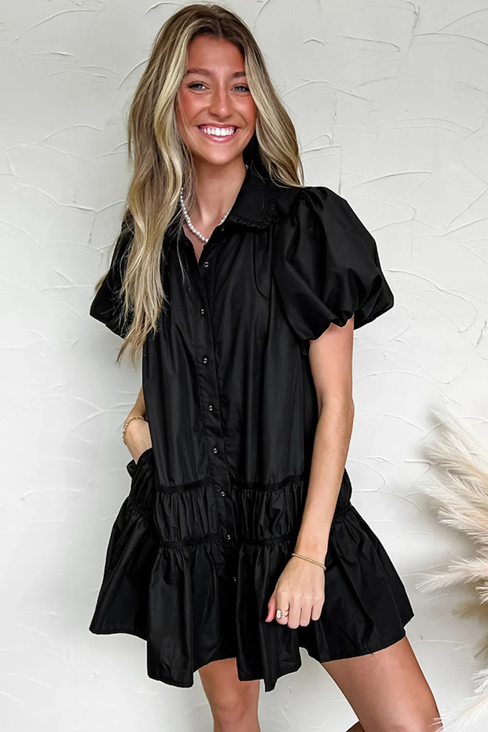 Button Down Puff Sleeve Ruffle Hem Dress.