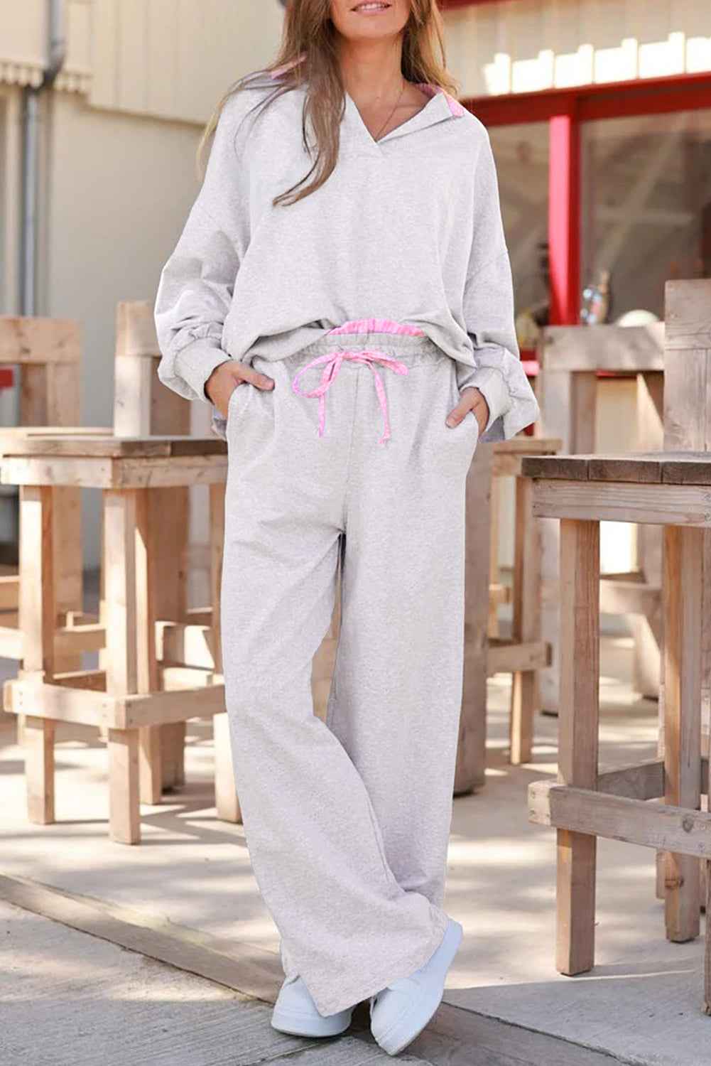 Light Grey 2pcs Contrasted Trim Frilled Collar Drop Shoulder Pullover Drawstring Pant Set