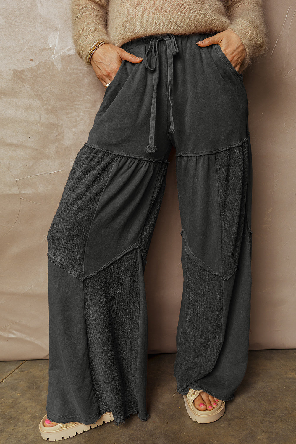 Black Mineral Wash Tiered Wide Leg Patchwork Drawstring Pants Dear-Lover Dropshipping