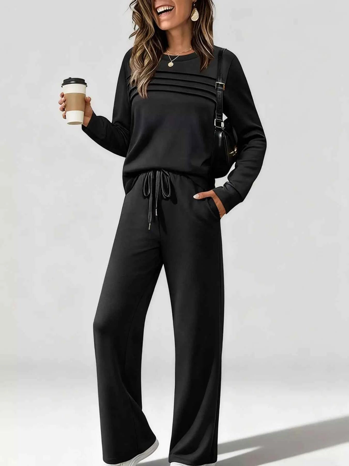 Full Size Casual Long Sleeve Top and Pants Set Plus Size