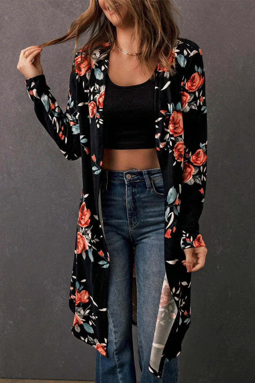 Printed Open Front Longline Cardigan.