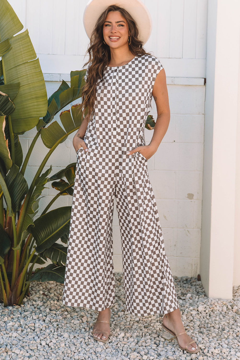Khaki Checkered Print Buttoned Crew Neck Wide Leg Jumpsuit Dear-Lover Dropshipping