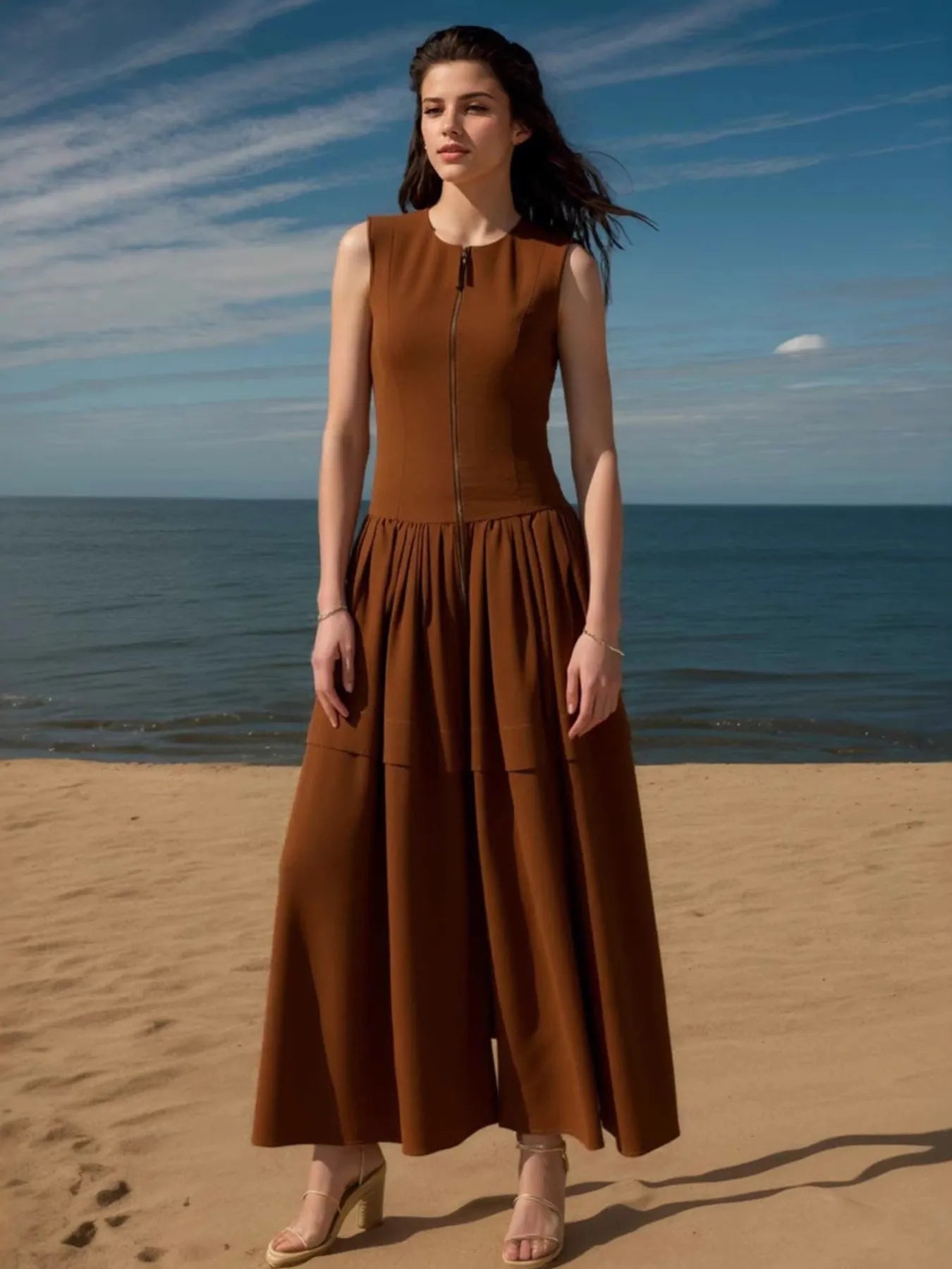 Zip Front Round Neck Sleeveless Dress.