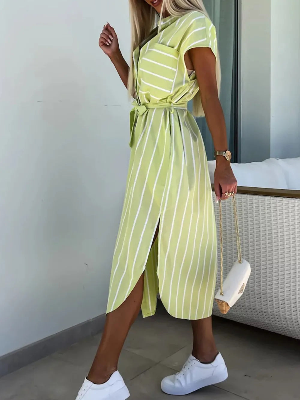 Striped Tie Waist Short Sleeve Dress.