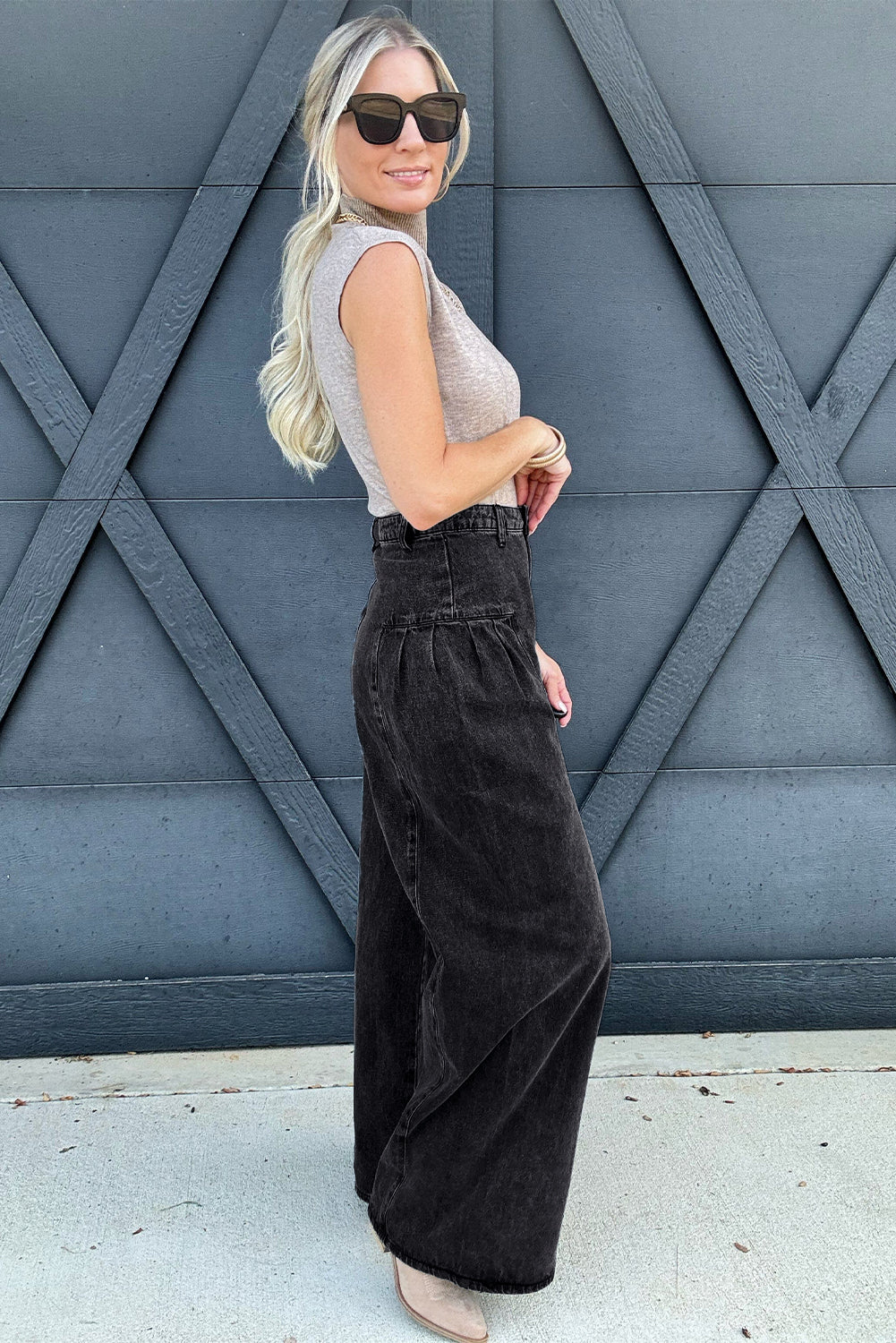Dark Grey Pleated Wide Leg Mineral Wash Denim Pants Dear-Lover Dropshipping