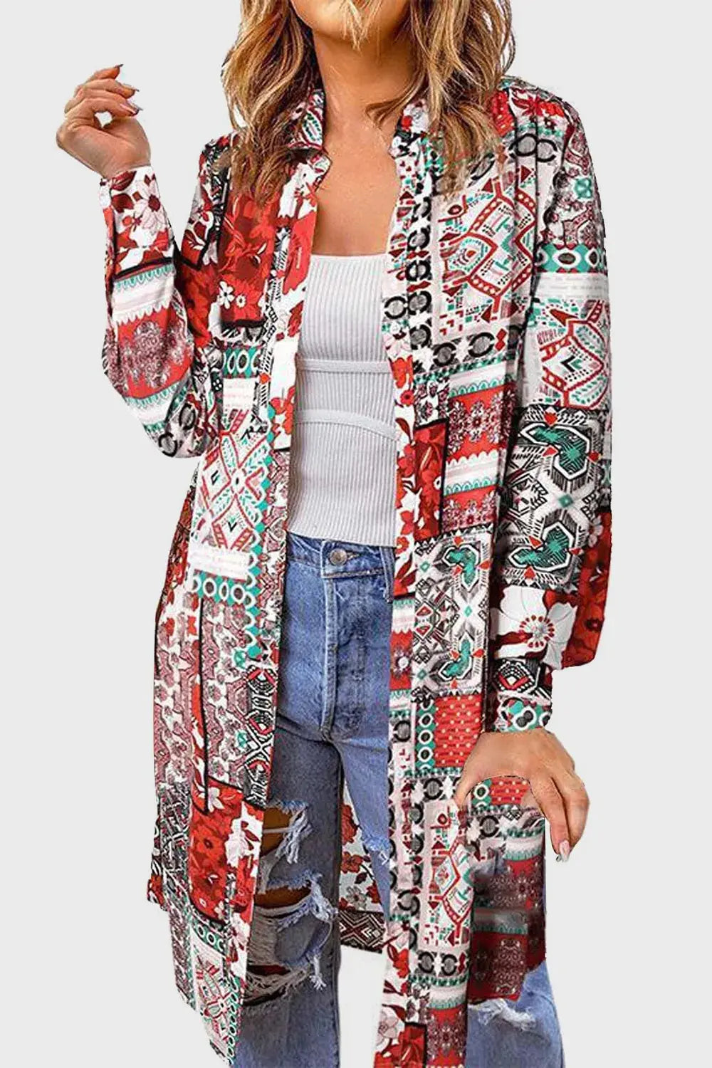 Printed Button Up Long Sleeve Cardigan.