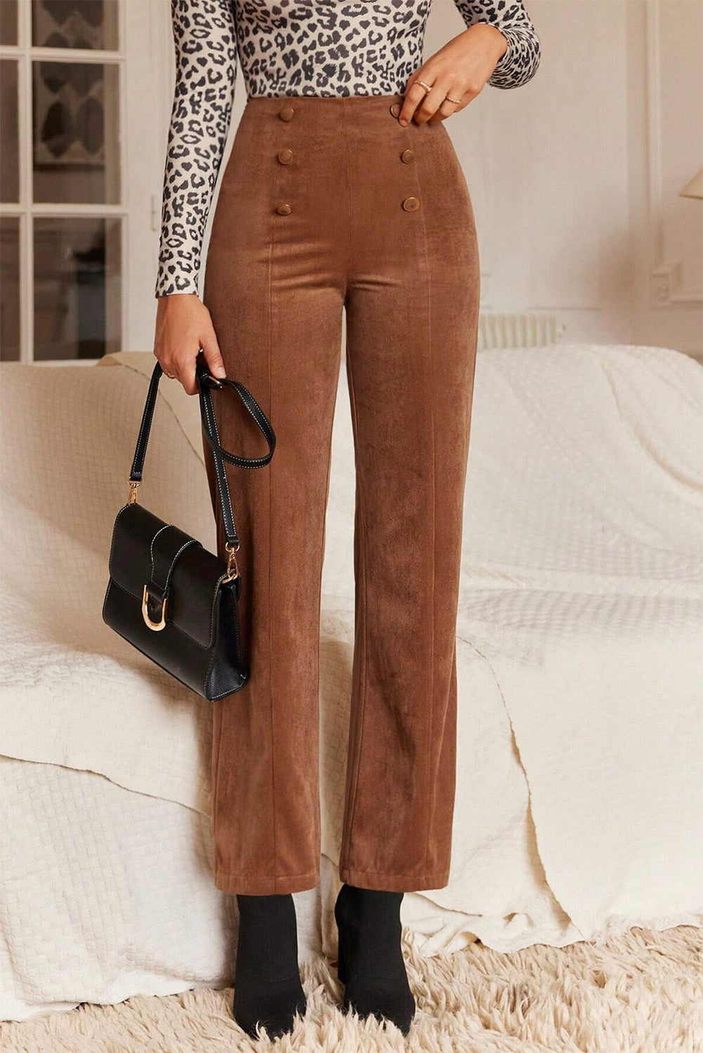 Chestnut Solid Color Double Breasted Straight Leg Pants Dear-Lover Dropshipping