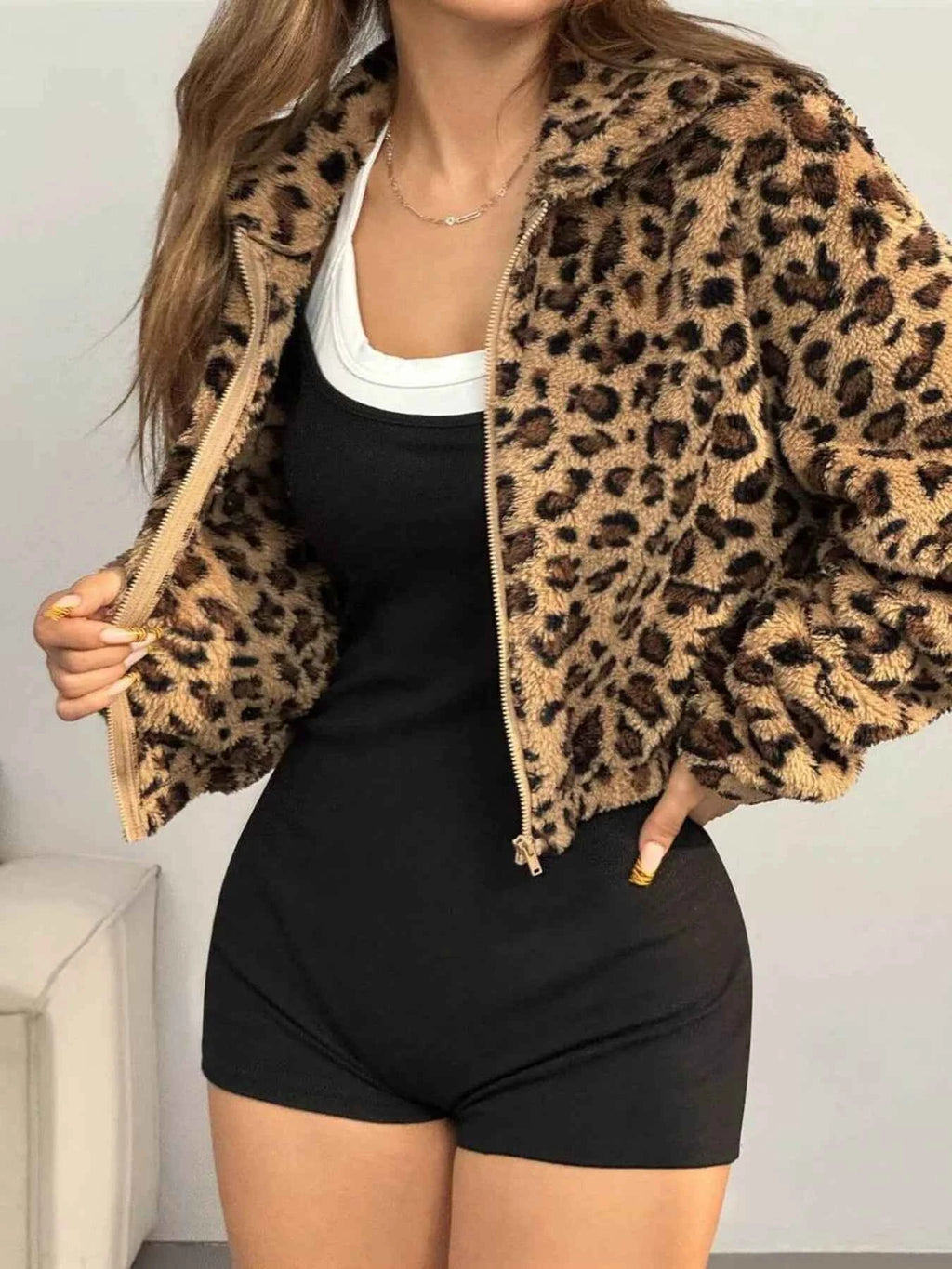Leopard Print Fuzzy Cropped Jacket