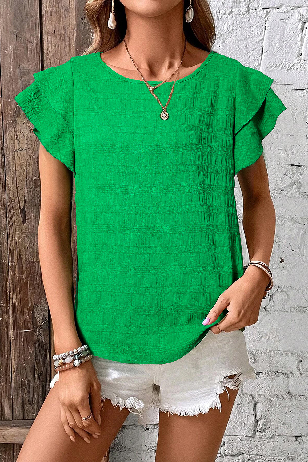Dark Green Textured Ruffled Sleeve Round Neck Top Dear-Lover Dropshipping