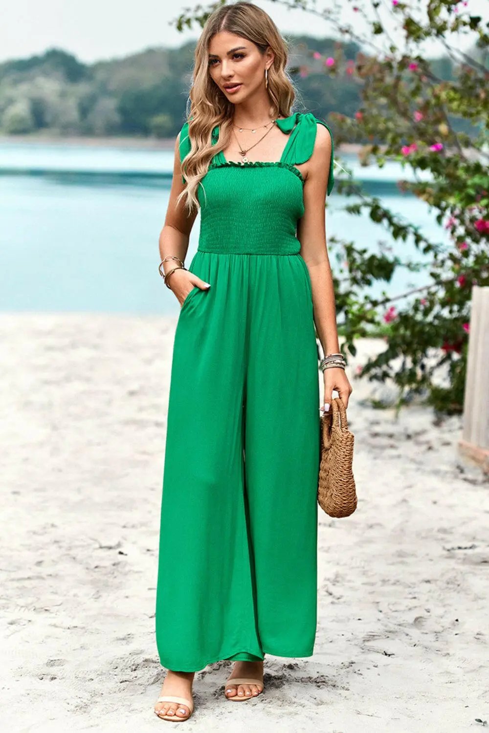 Devine Frill Trim Tie Shoulder Wide Leg Jumpsuit with Pockets.