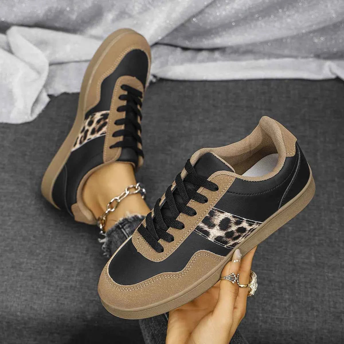 Leopard Lace Up Round Toe Sneakers