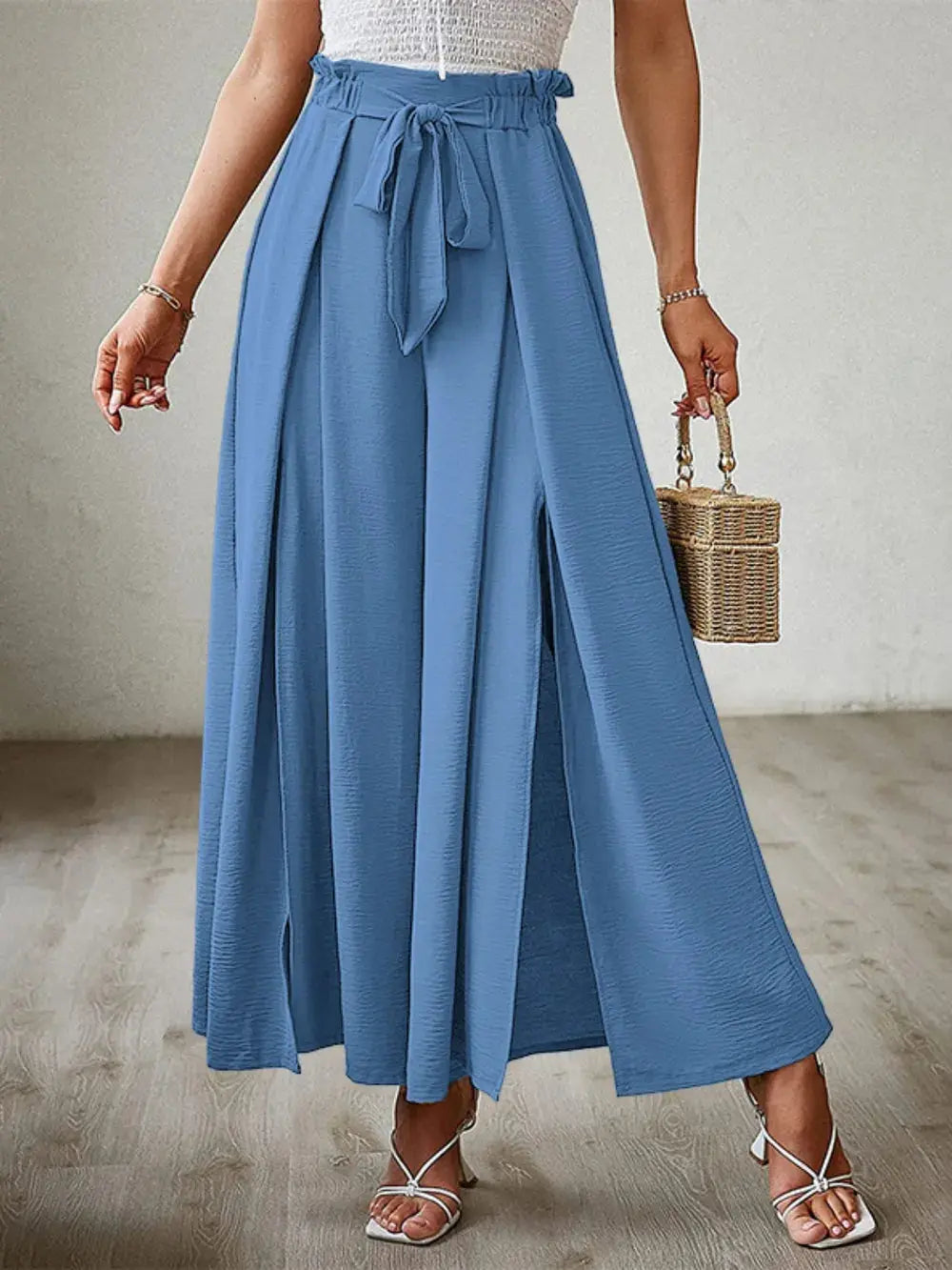 Tied Slit Wide Leg Pants.
