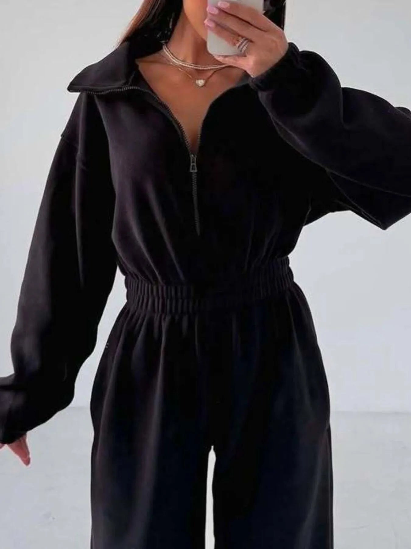 Zip Front Long Sleeve Jumpsuit.