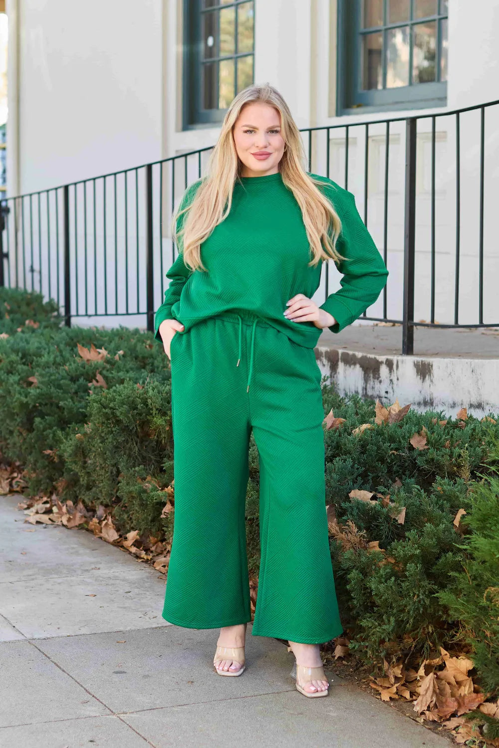 Double Take Full Size Textured Long Sleeve Top and Drawstring Pants Set.