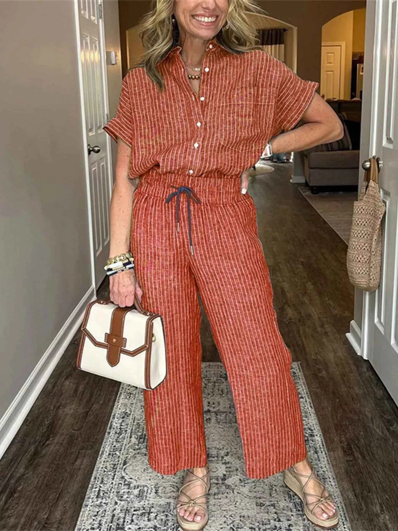 Full Size Striped Button-Up Shirt and Wide Leg Pants Casual Set Plus Size
