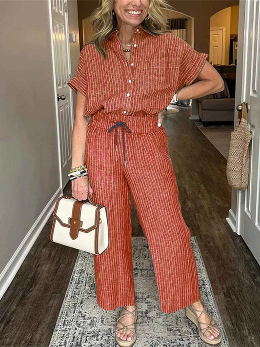 Full Size Striped Button-Up Shirt and Wide Leg Pants Casual Set Plus Size