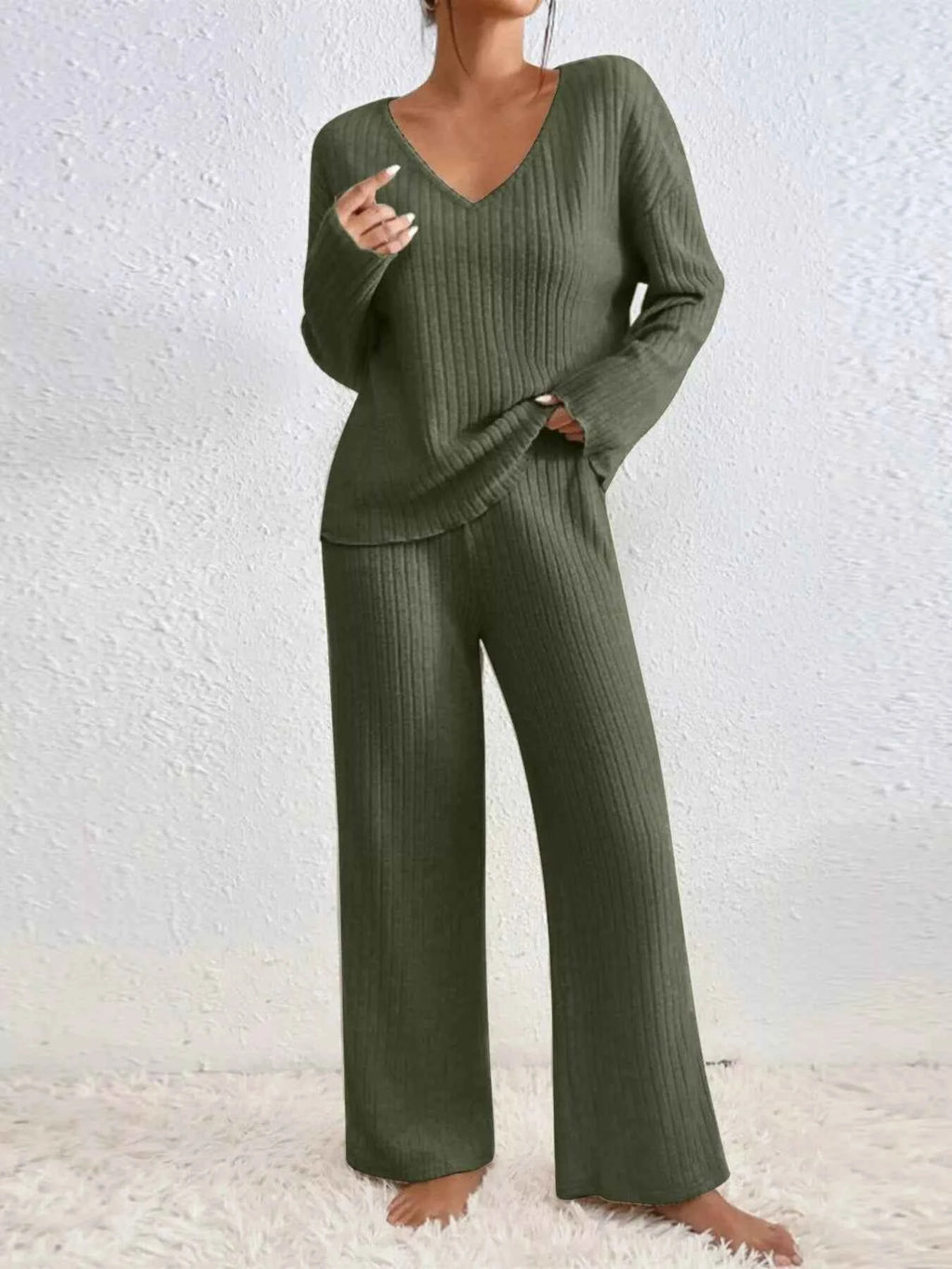 Ribbed V-Neck Top and Pants Set