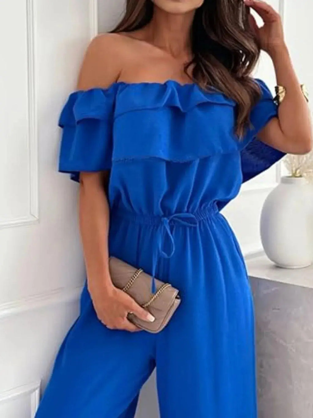 Off-Shoulder Ruffled Wide Leg Jumpsuit.