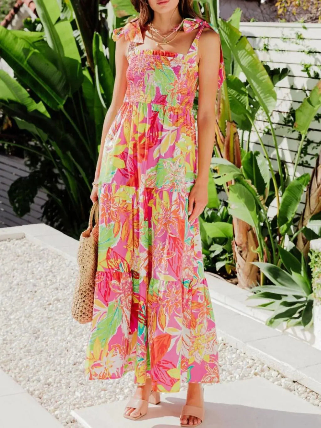 Tropical Print Tie Shoulder Maxi Dress.