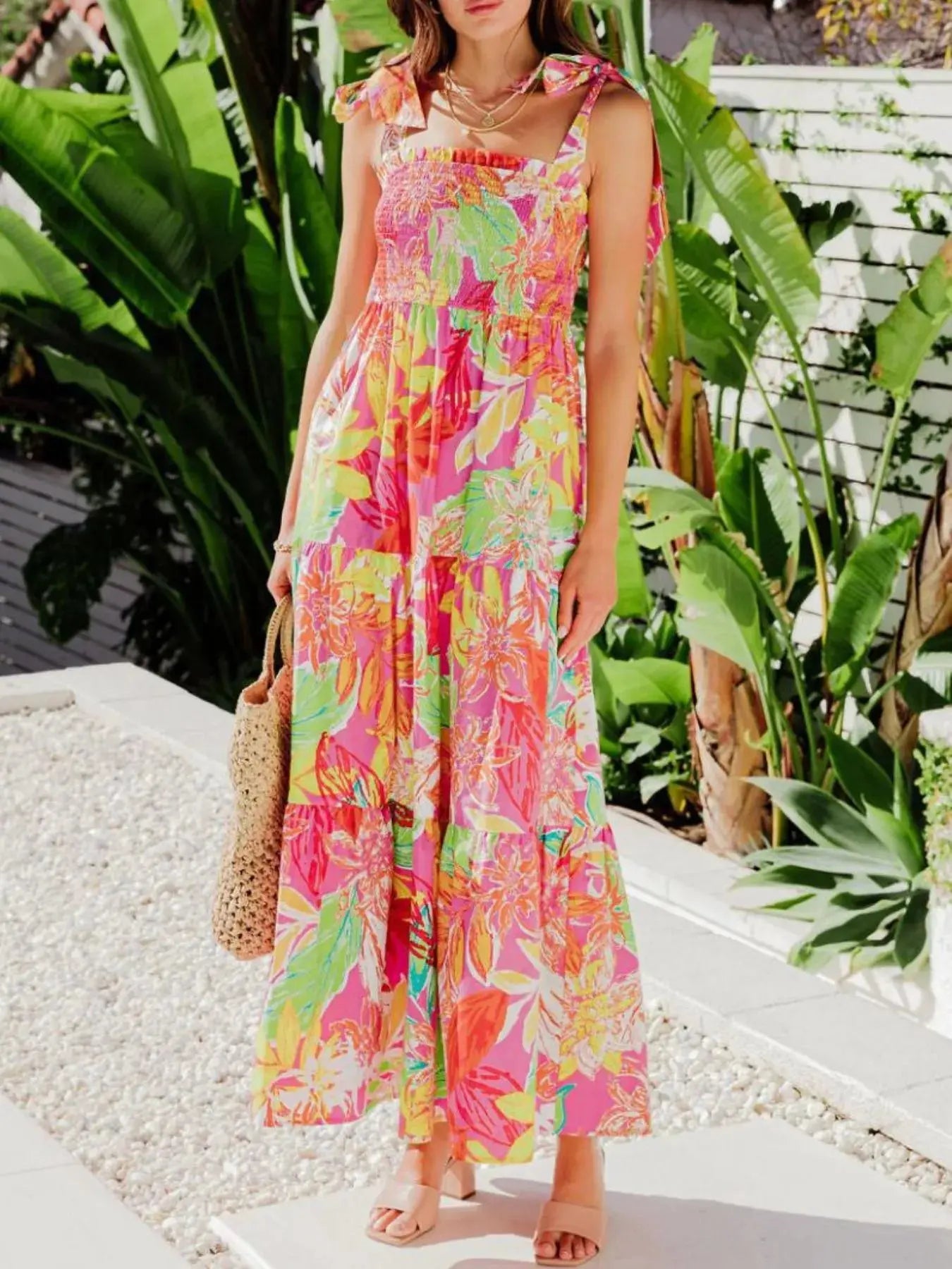 Tropical Print Tie Shoulder Maxi Dress.