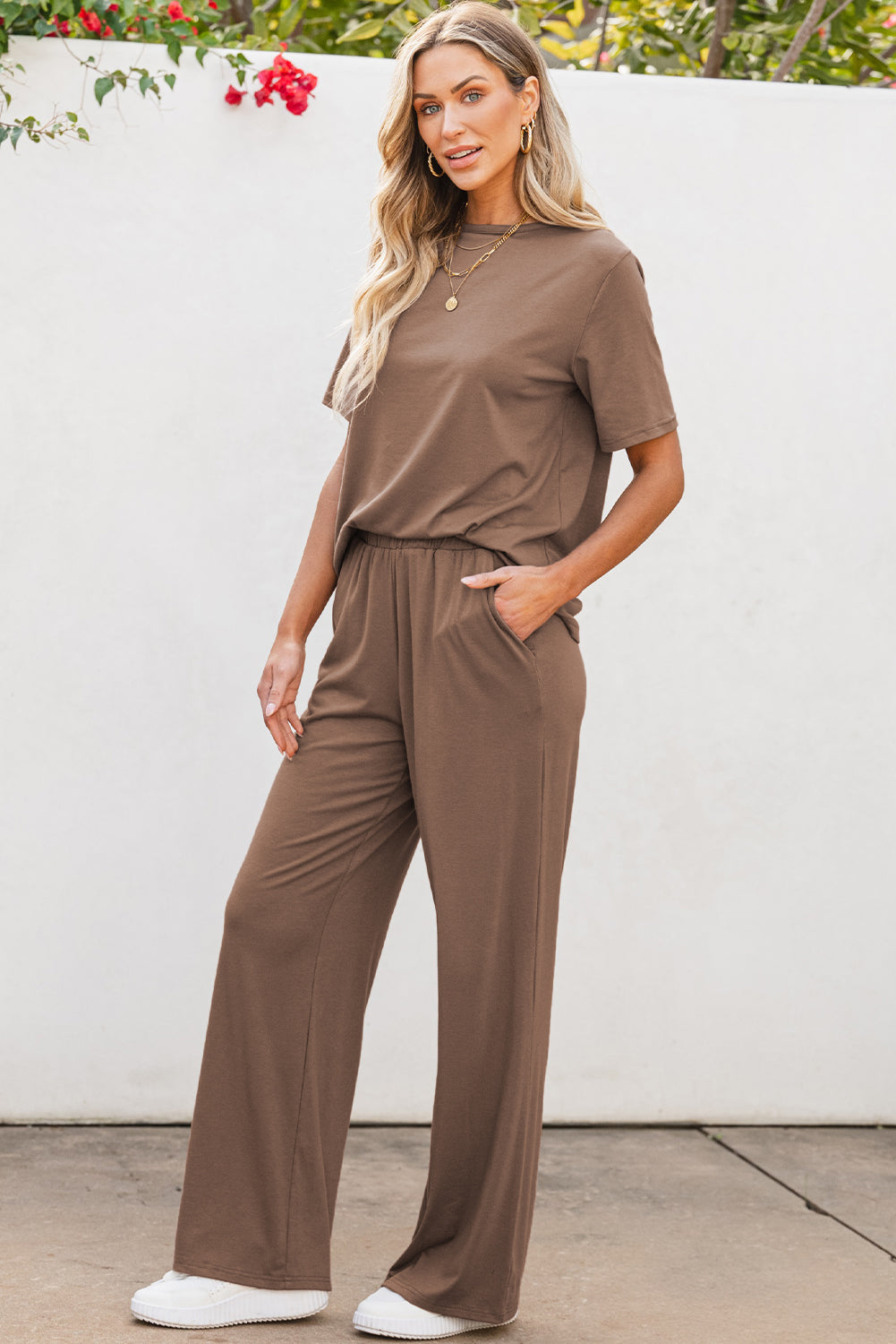 Smoke Gray Solid Color T Shirt 2pcs Wide Leg Pants Set Dear-Lover Dropshipping