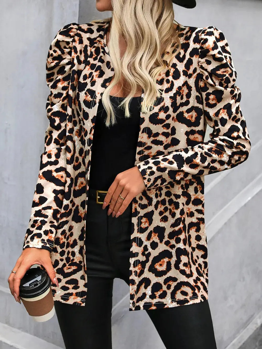 Leopard Open Front Puff Sleeve Jacket.