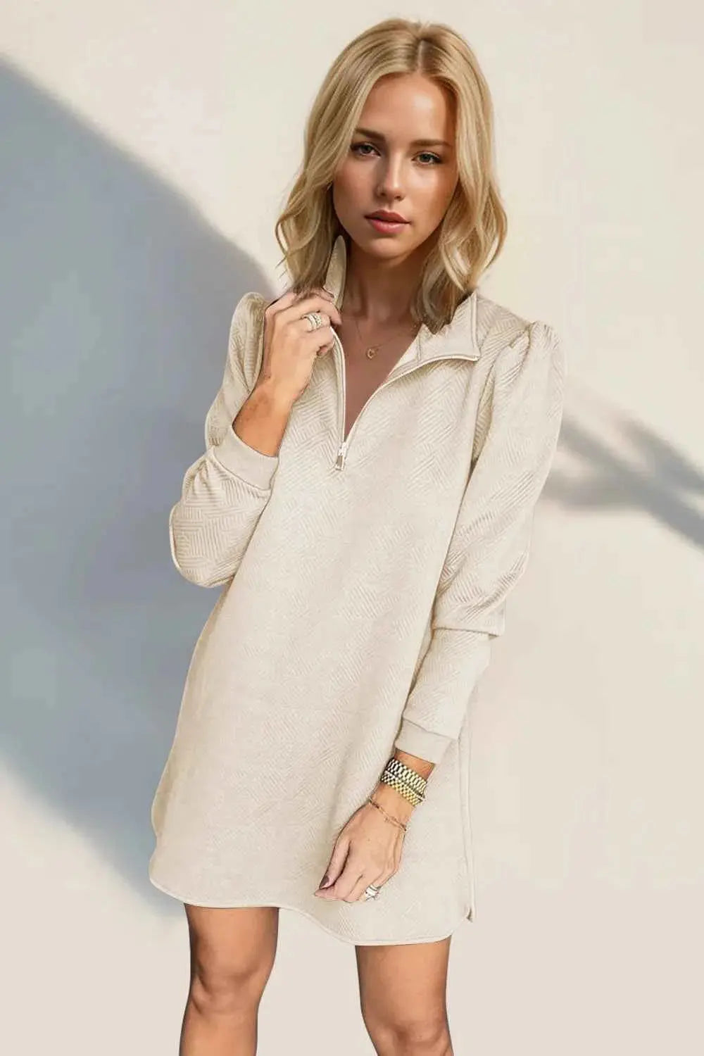 Double Take Textured Quarter Zip Long Sleeve Dress.