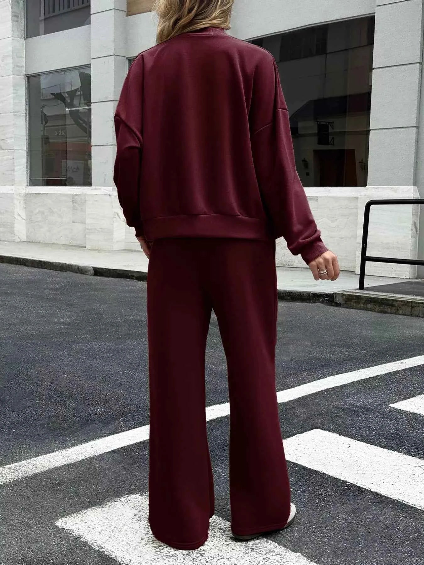 Zip Up Drop Shoulder Top and Pants Set