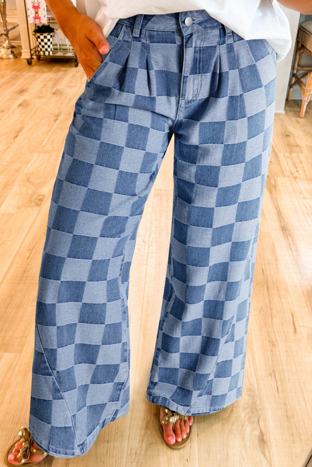 Dusk Blue Checkered Denim Wide Leg Jeans Dear-Lover Dropshipping