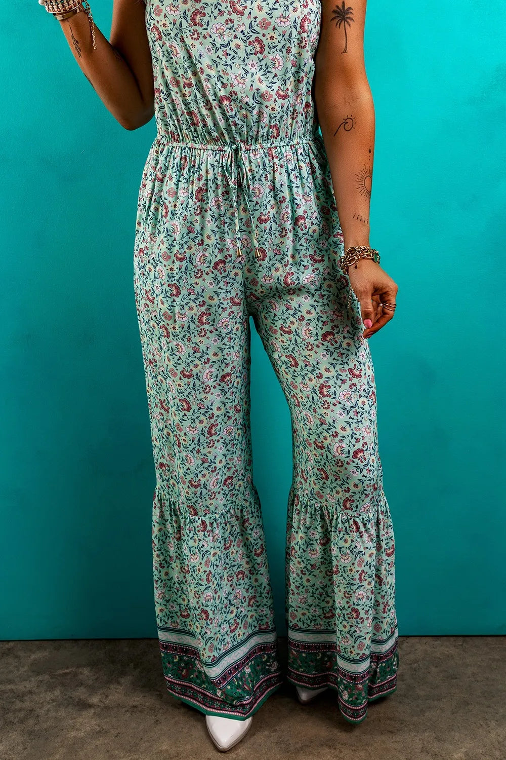Bohemian Floral Ruffle Bottom Spaghetti Strap Jumpsuit.
