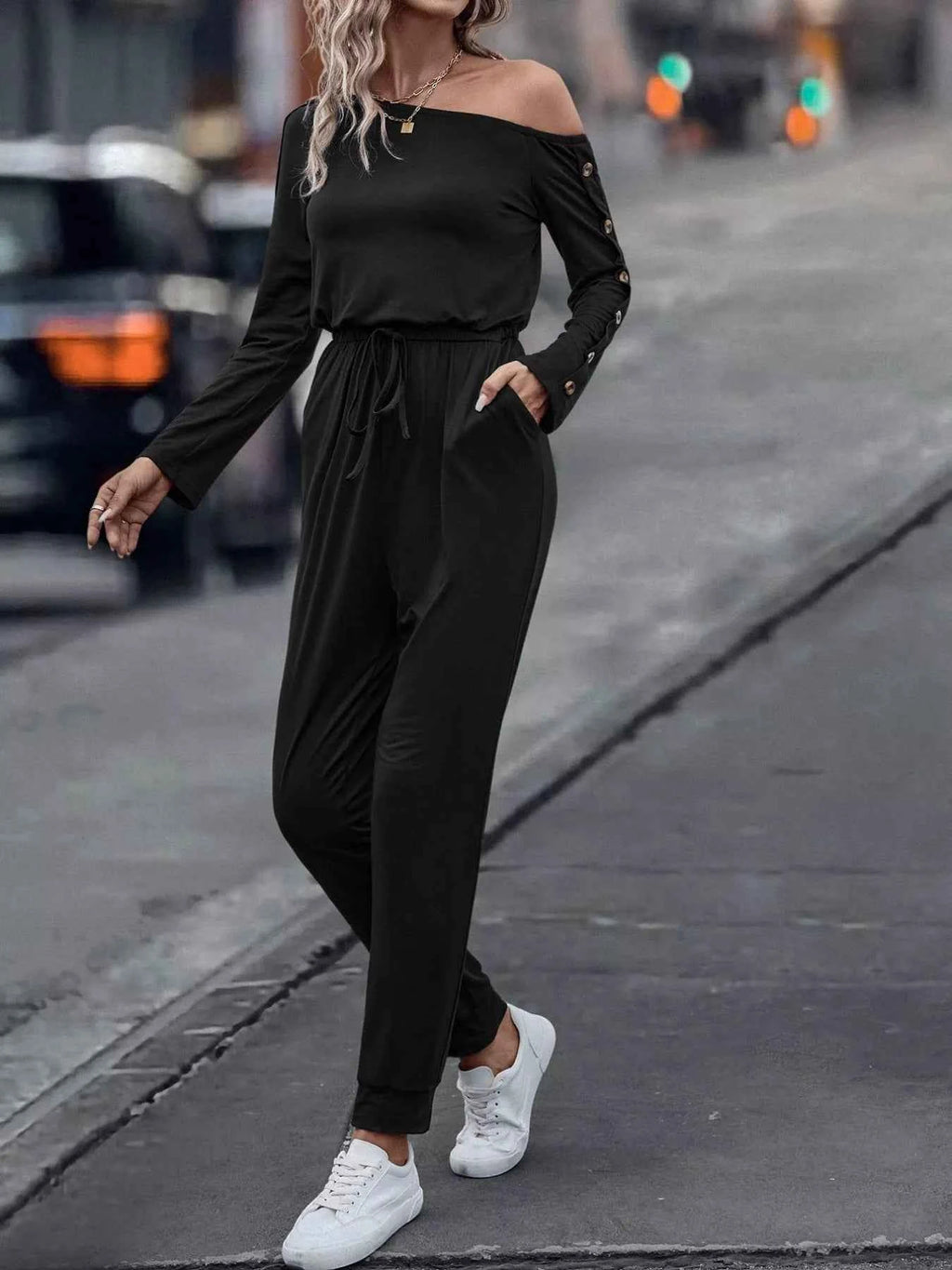 One Shoulder Long Sleeve Jumpsuit.