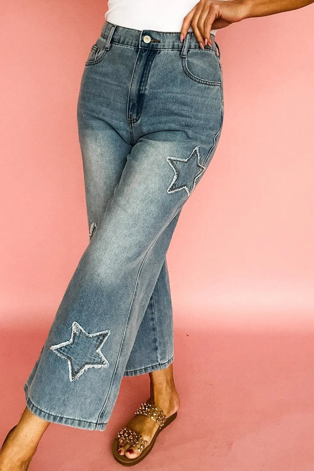 Star Embroidered High Waist Wide Leg Jeans.