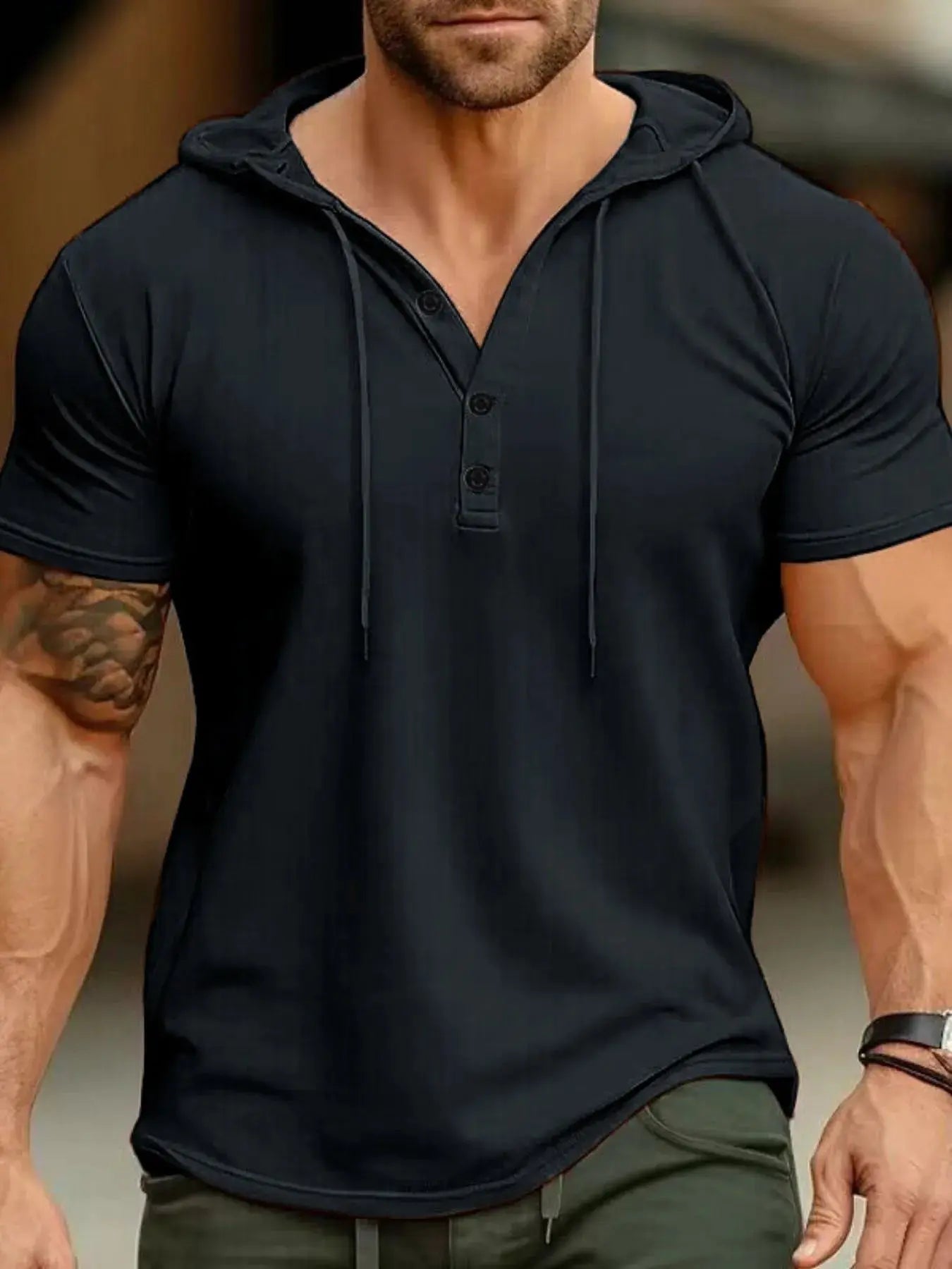 Men's Full Size Casual Hooded Henley T-Shirt Plus Size.