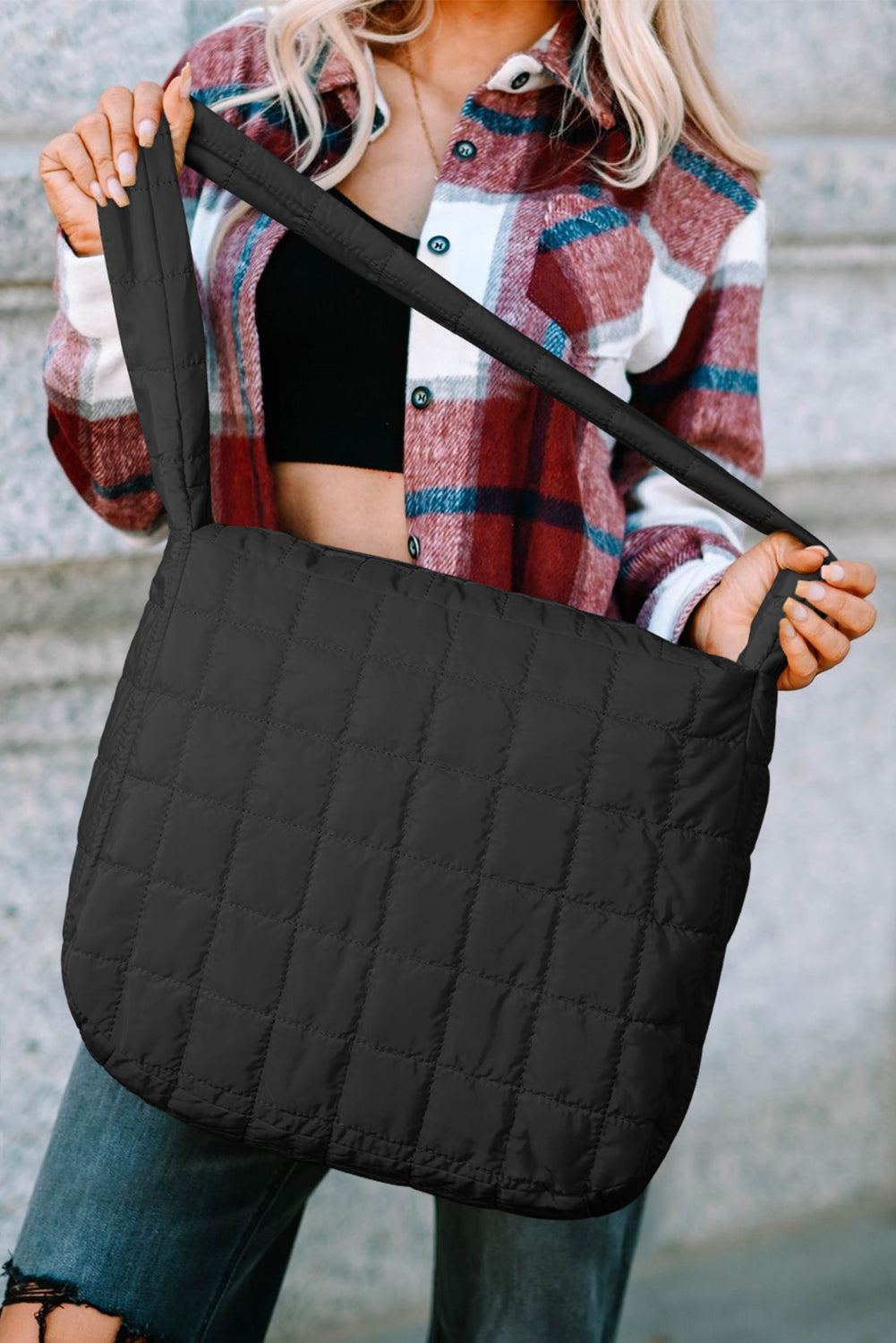 Black Quilted Zipper Large Shoulder Bag Dear-Lover Dropshipping