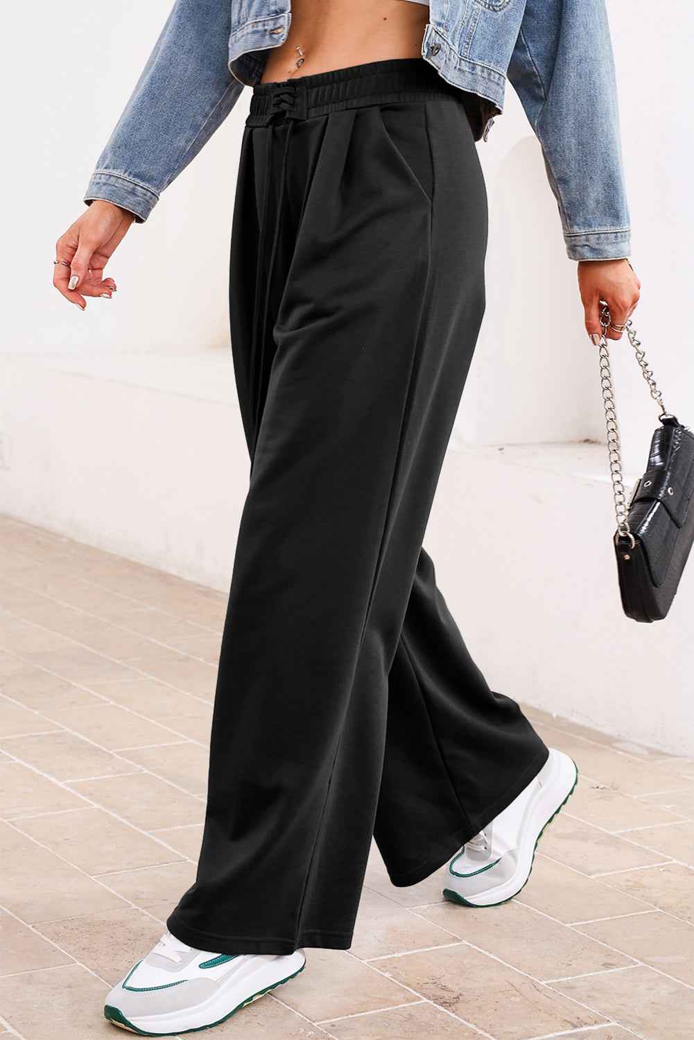 Dear Lovers Black Tied Elastic High Waist Pleated Detail Solid Sweatpants