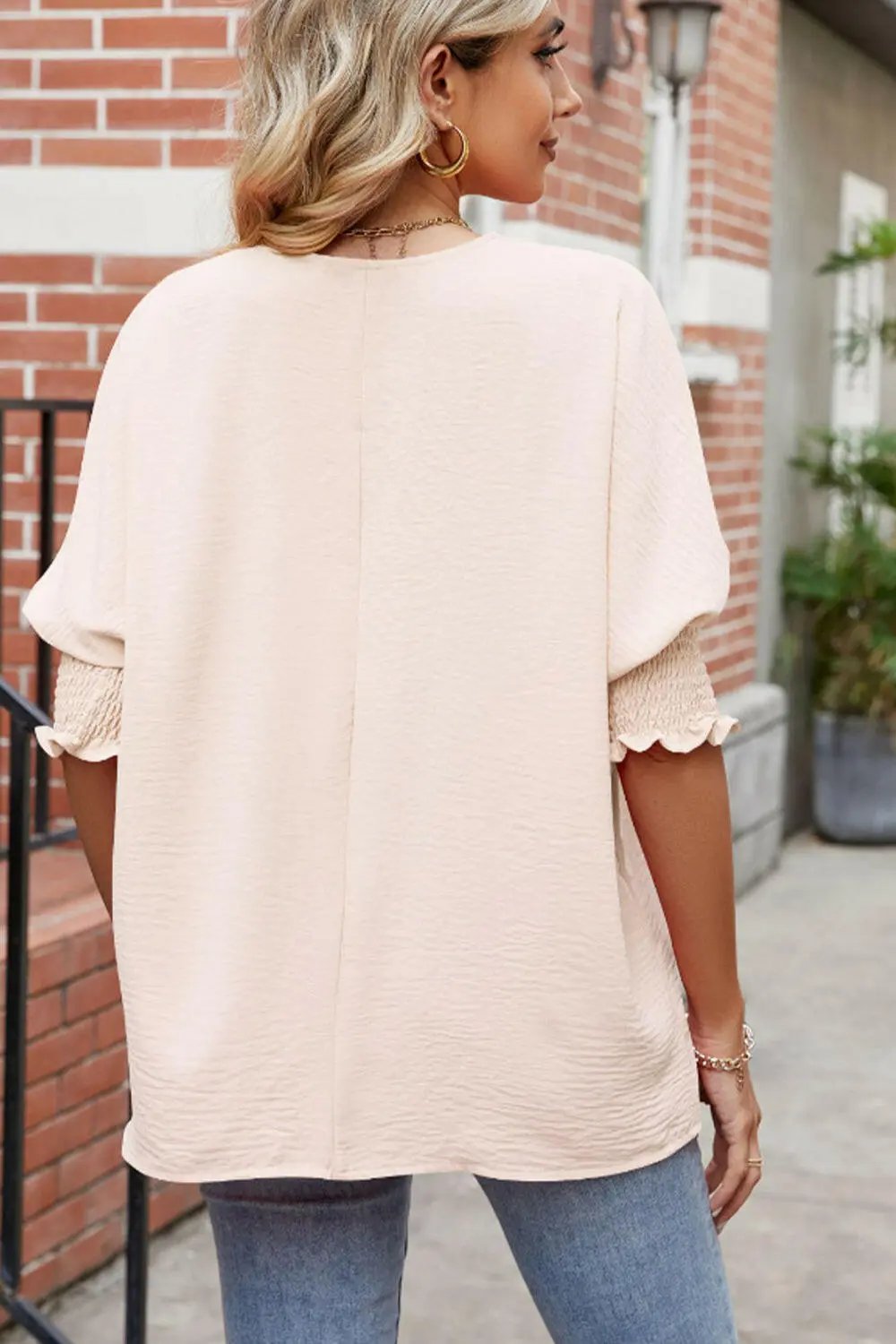 Round Neck Smocked Lantern Sleeve Blouse.