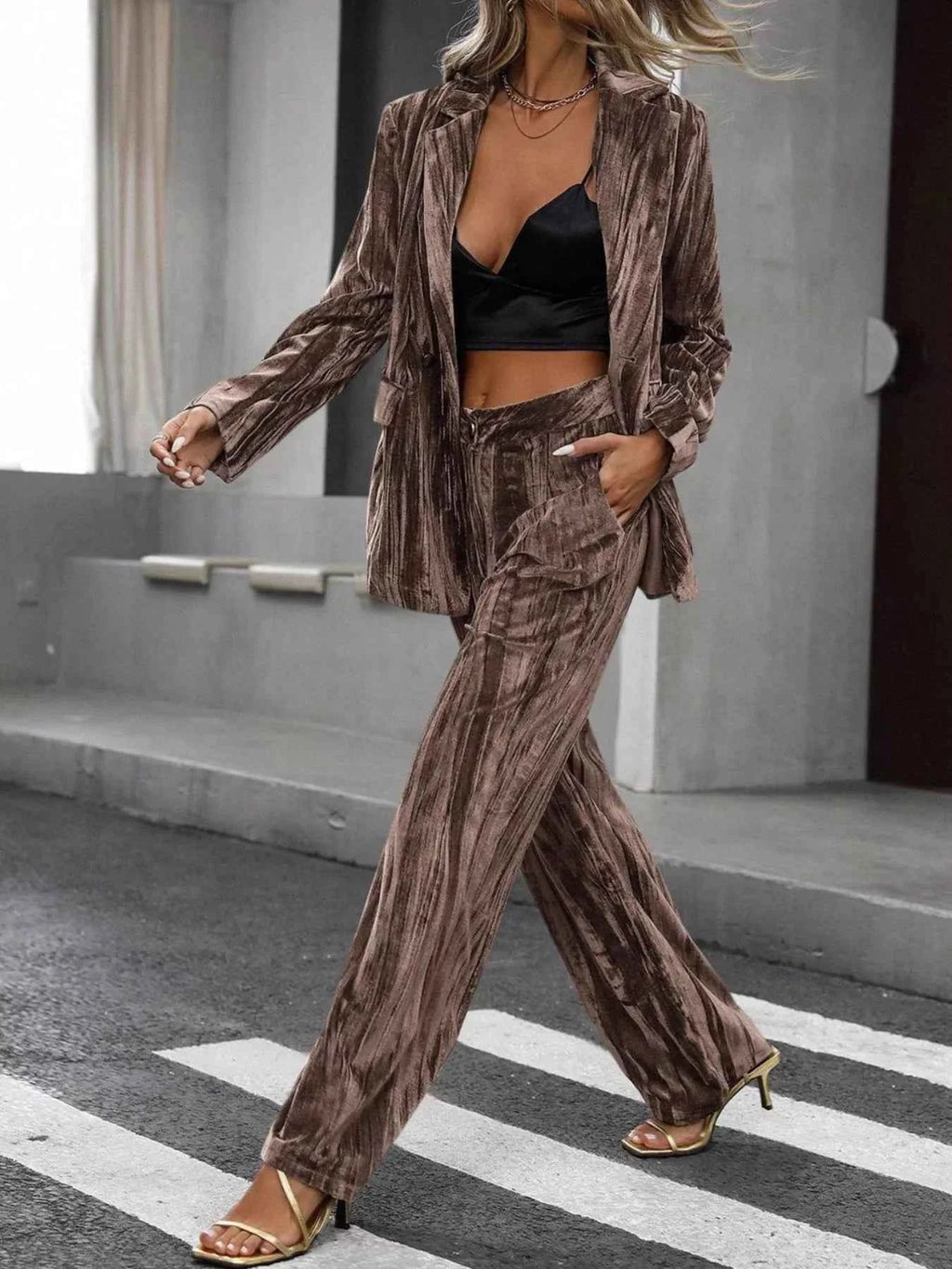 Lapel Collar Long Sleeve Blazer and Pants Set