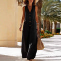 Simple And Comfortable Cotton-Linen Sleeveless Wide-Leg Jumpsuit With Button Pockets