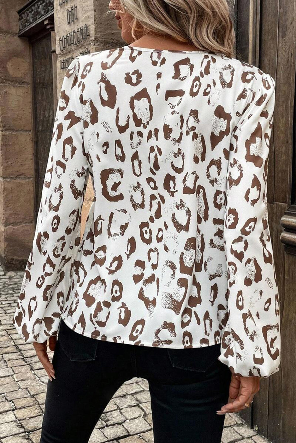 Khaki Leopard Print Split Neck Balloon Sleeve Blouse Dear-Lover Dropshipping