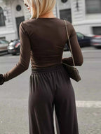 Womens Ruched Long Sleeve Top With Stretchy Floral Cuff Detail
