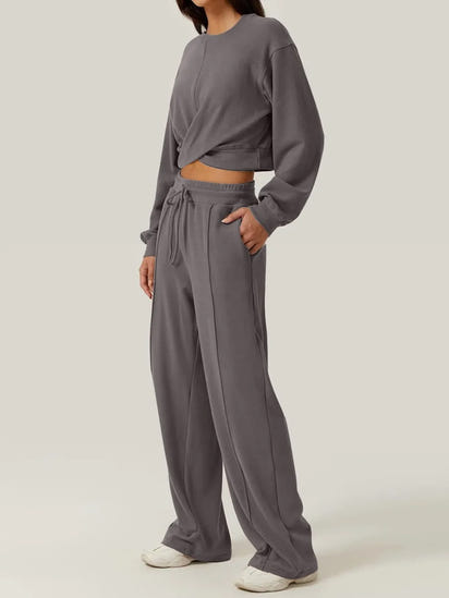 Crisscross Round Neck Top and Drawstring Pants Set.
