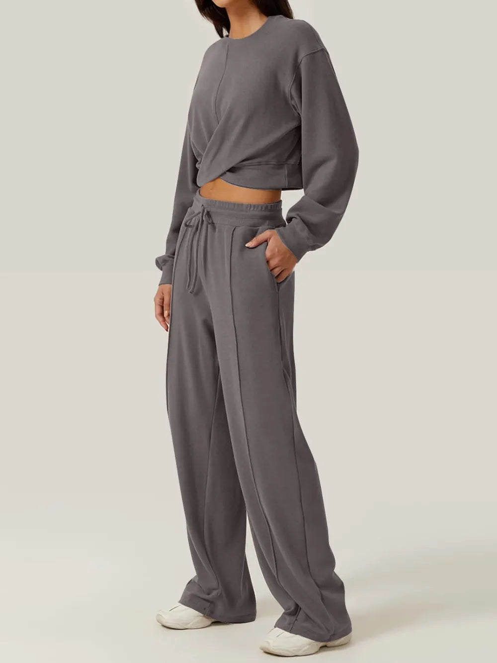 Crisscross Round Neck Top and Drawstring Pants Set.