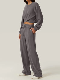 Crisscross Round Neck Top and Drawstring Pants Set.