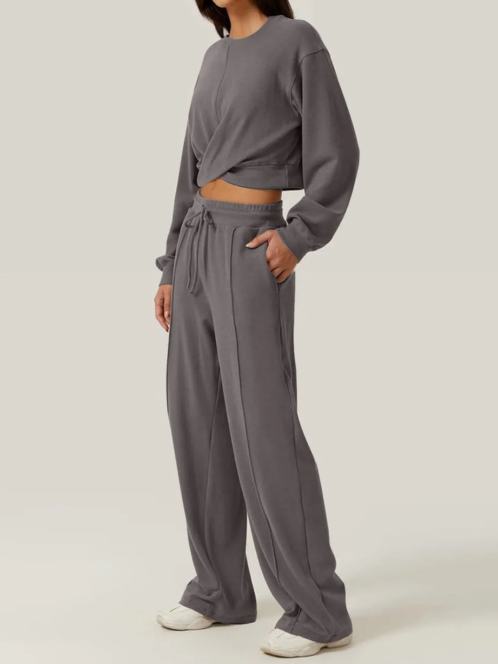 Crisscross Round Neck Top and Drawstring Pants Set.