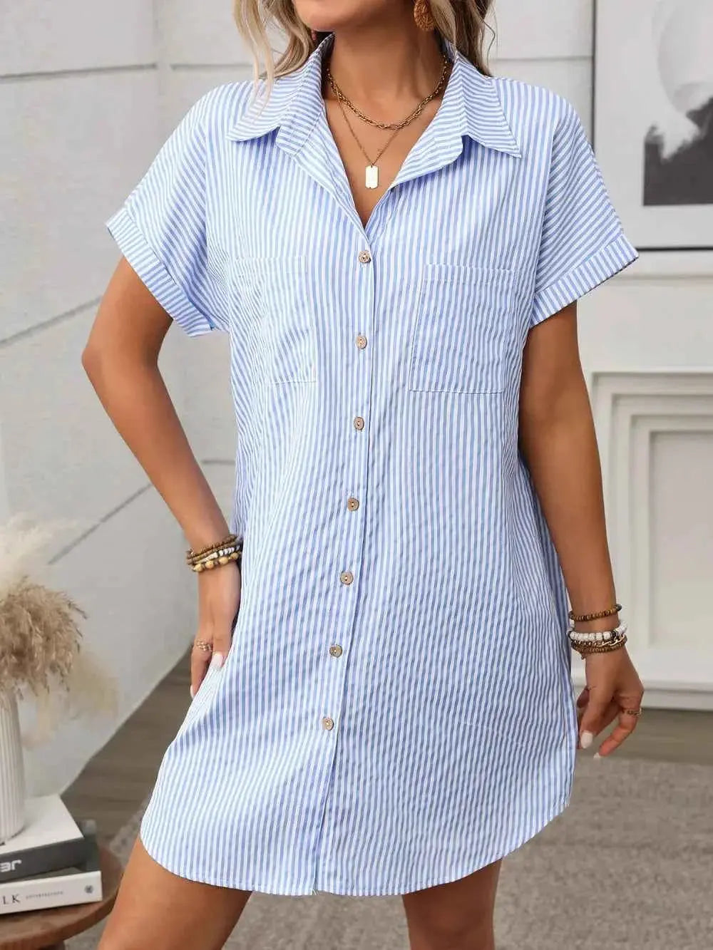 Striped Button Down Short Sleeve Mini Dress.