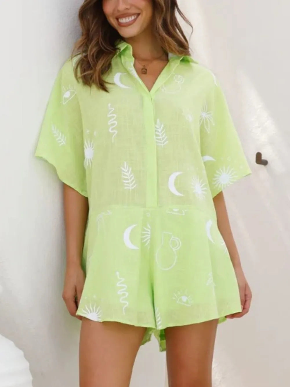 Printed Collared Neck Half Sleeve Romper.