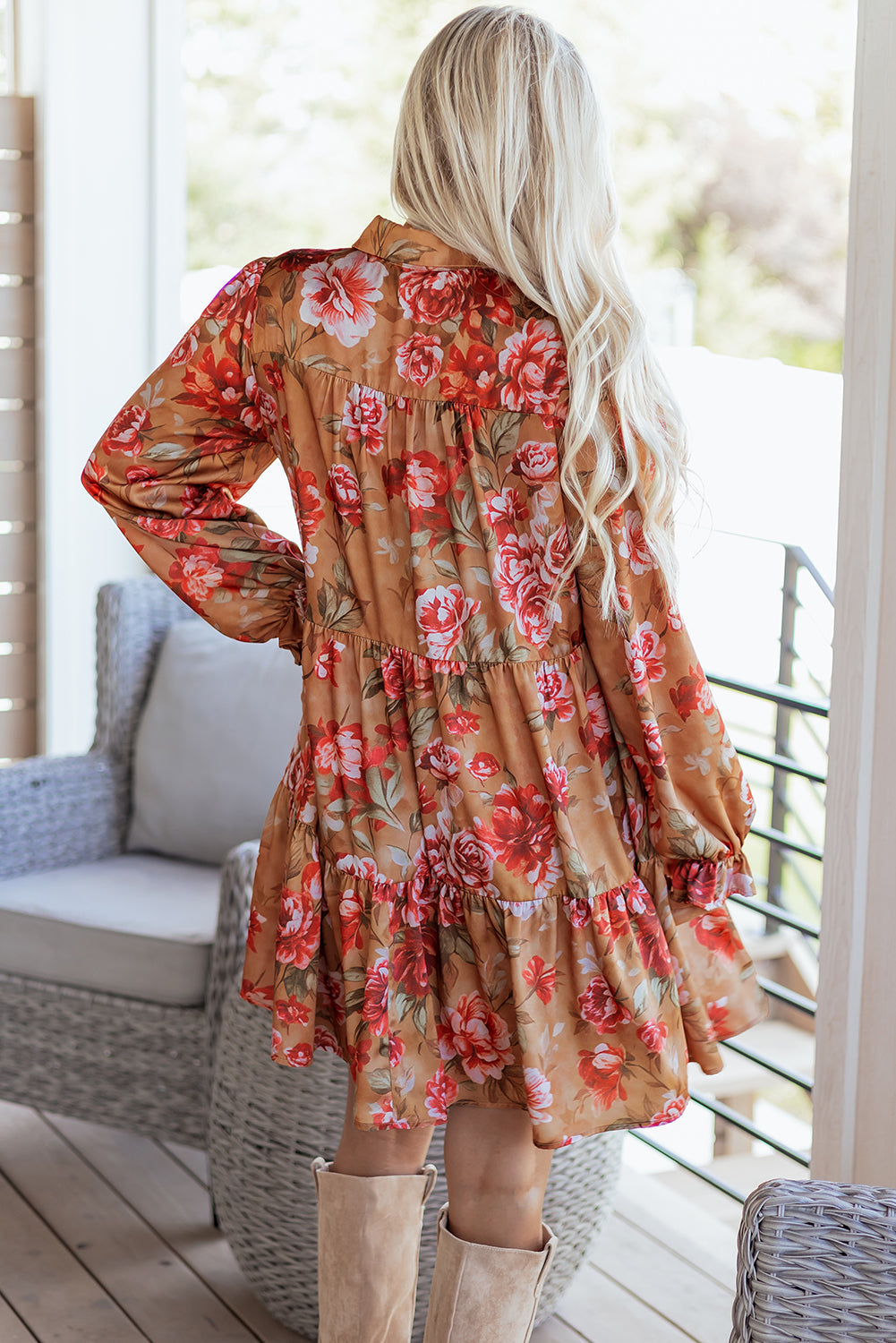 Brown Vintage Floral Print Shirt Style Half Button Long Sleeve Ruffle Mini Dress Dear-Lover Dropshipping