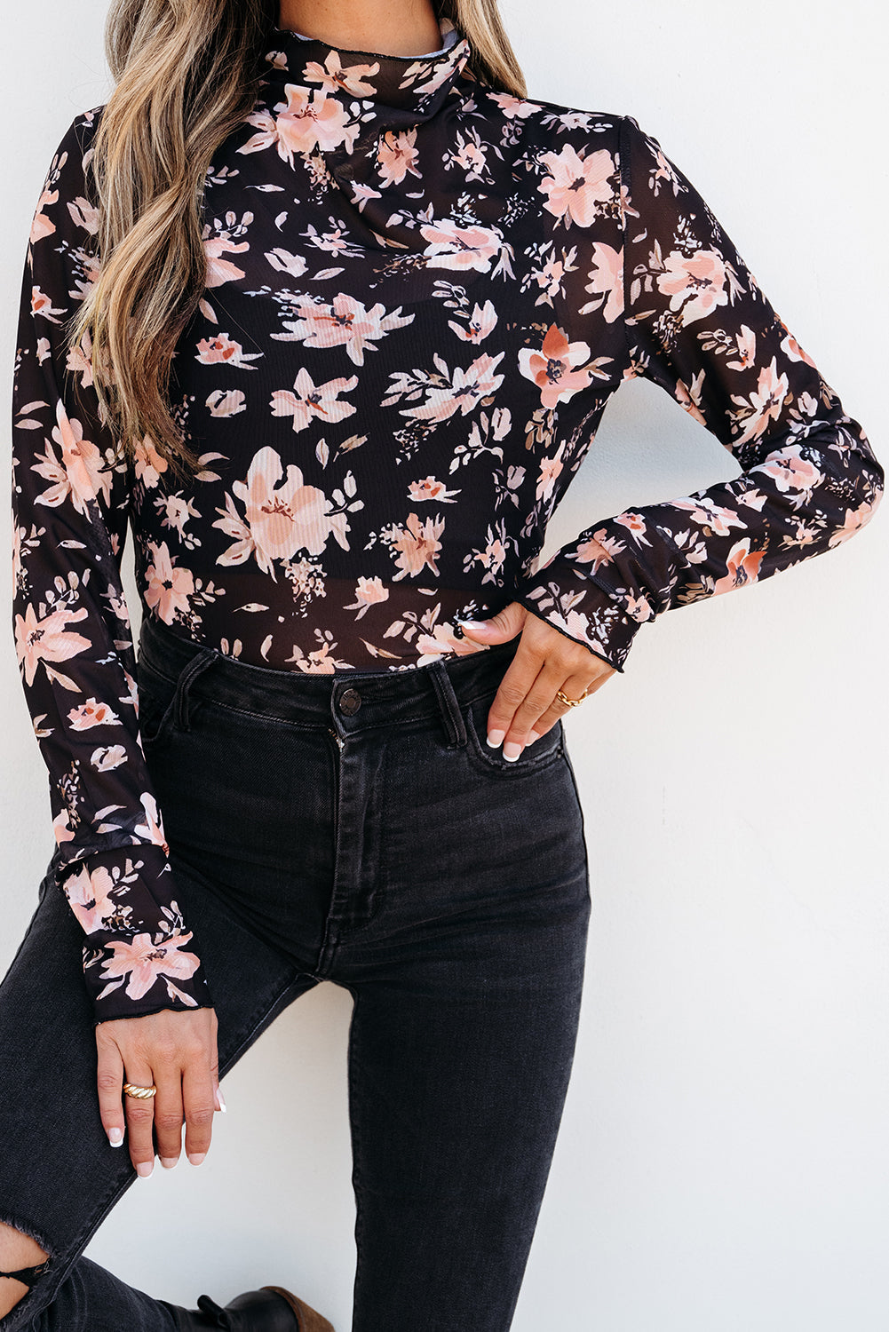Black Floral Mesh Mock Neck Long Sleeve Slim Fit Top Dear-Lover Dropshipping