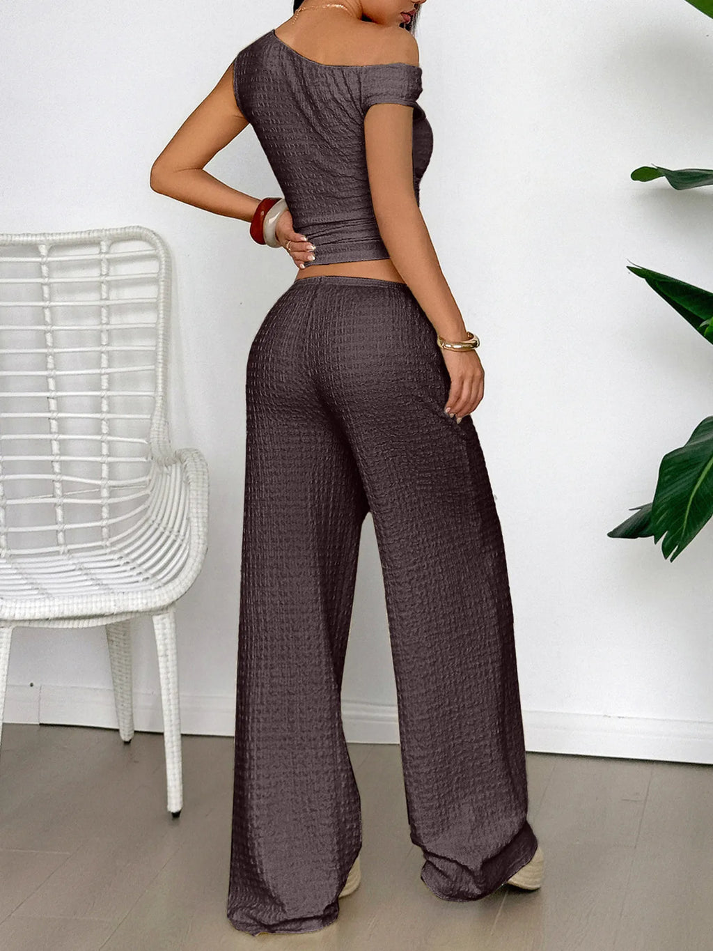 One Shoulder Top and Wide Leg Pants Set.