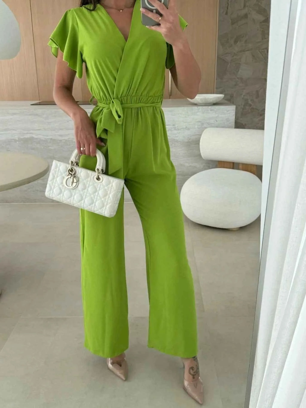 Surplice Wide Leg Belted Jumpsuit